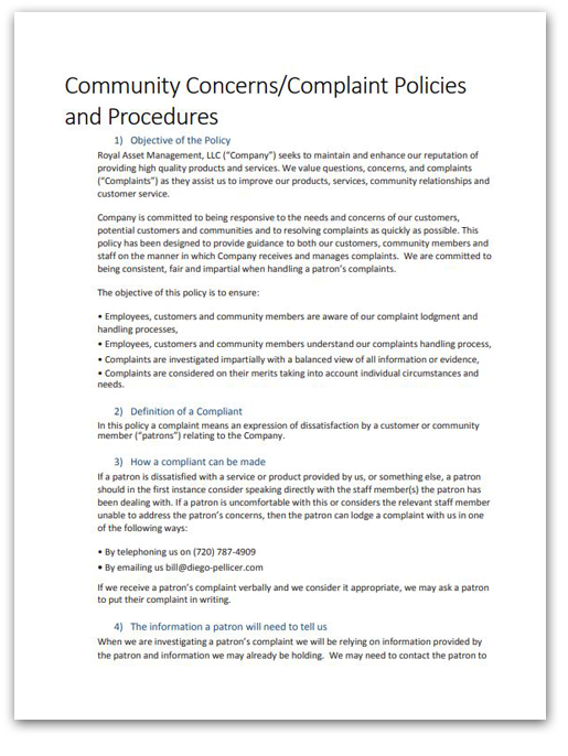 community concerns complaint policies and procedures document